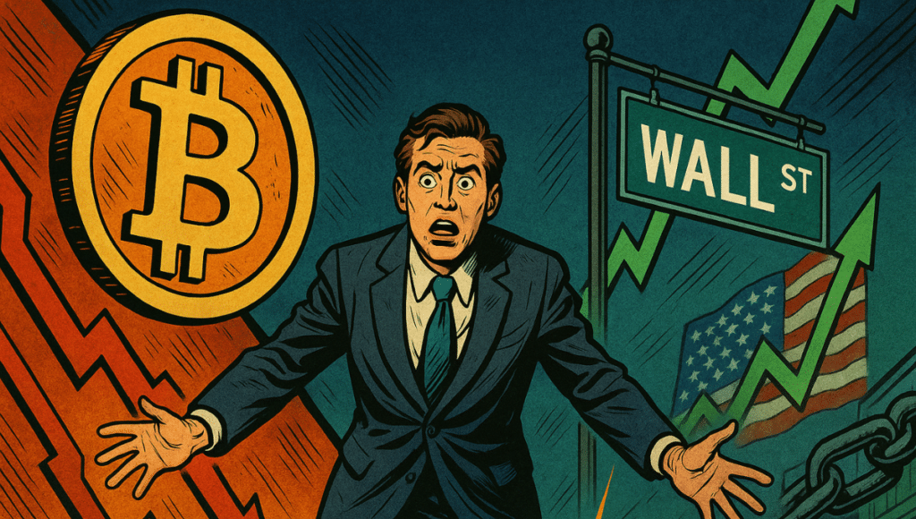 Comic-style illustration of a businessman suspended between a falling Bitcoin and a rising stock market, with a broken chain symbolizing the financial decoupling in 2025.