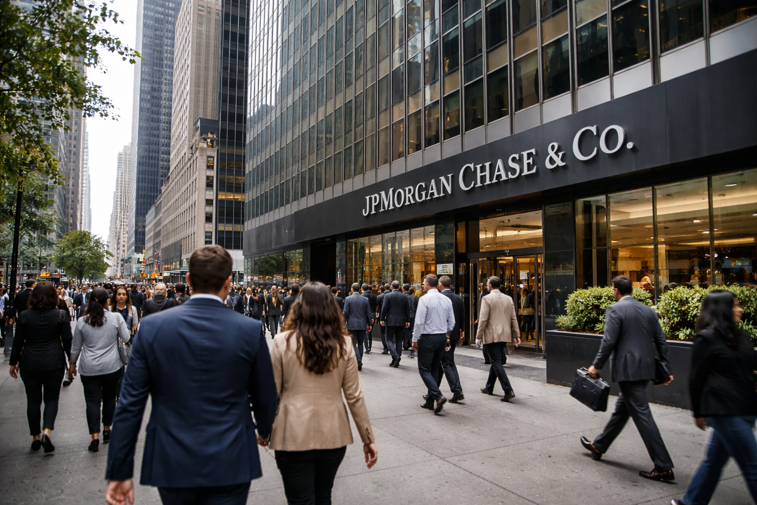 The JPMorgan Chase headquarters building in New York, with the bank’s logo visible on the office tower, as people walk along the sidewalk outside the building during a busy workday.