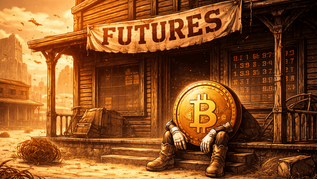 In a stock market setting, a personified Bitcoin sits alone at the center like a sheriff, symbolizing the collapse of leverage.