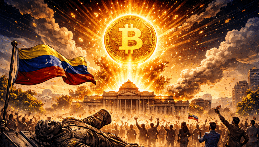 A shattered political statue (symbolizing Maduro) lies on the ground, while a gigantic Bitcoin coin rises in the sky.