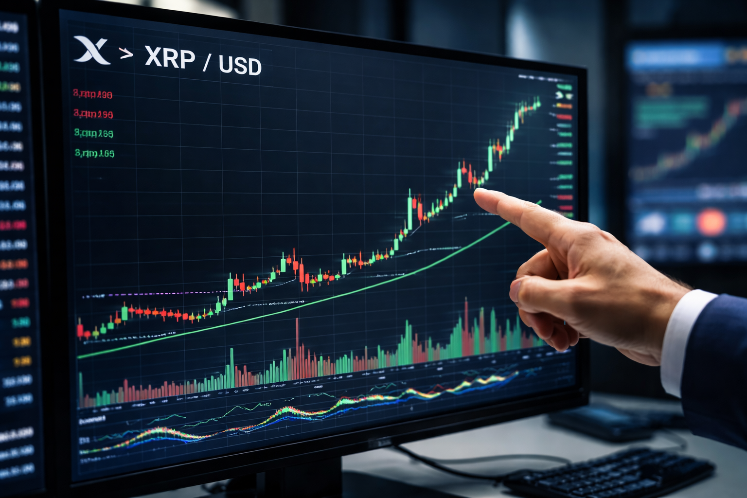 A trader pointing at a bullish XRP chart