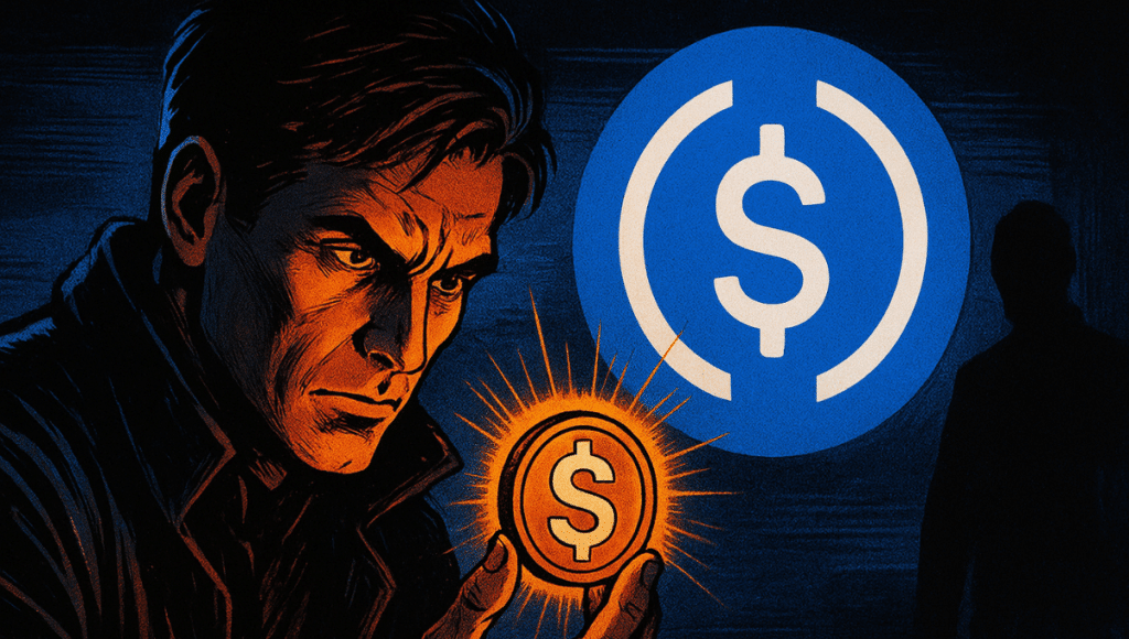 Un utilisateur de Circle concentré tenant une pièce de stablecoin lumineuse, éclair orange dramatique, logo USDC en arrière-plan, ambiance secrète, style comics années 70.