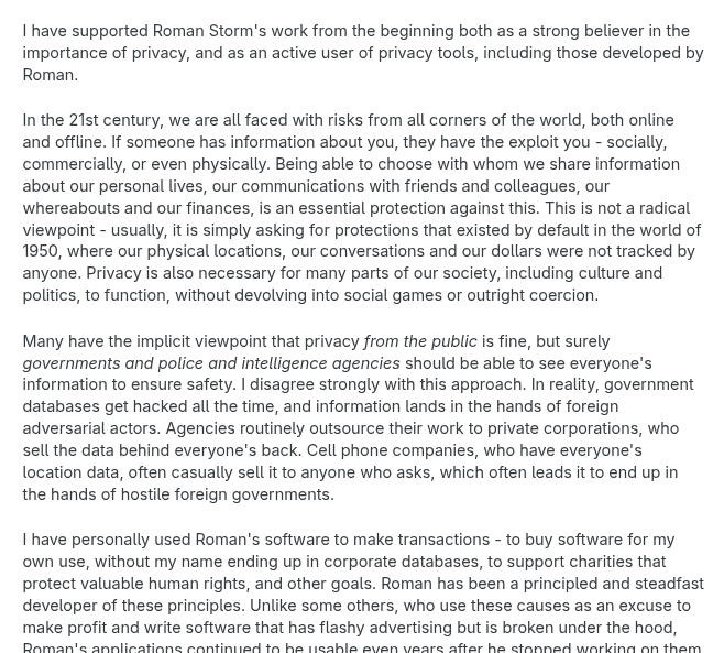 Vitalik Buterin letter supporting Roman Storm