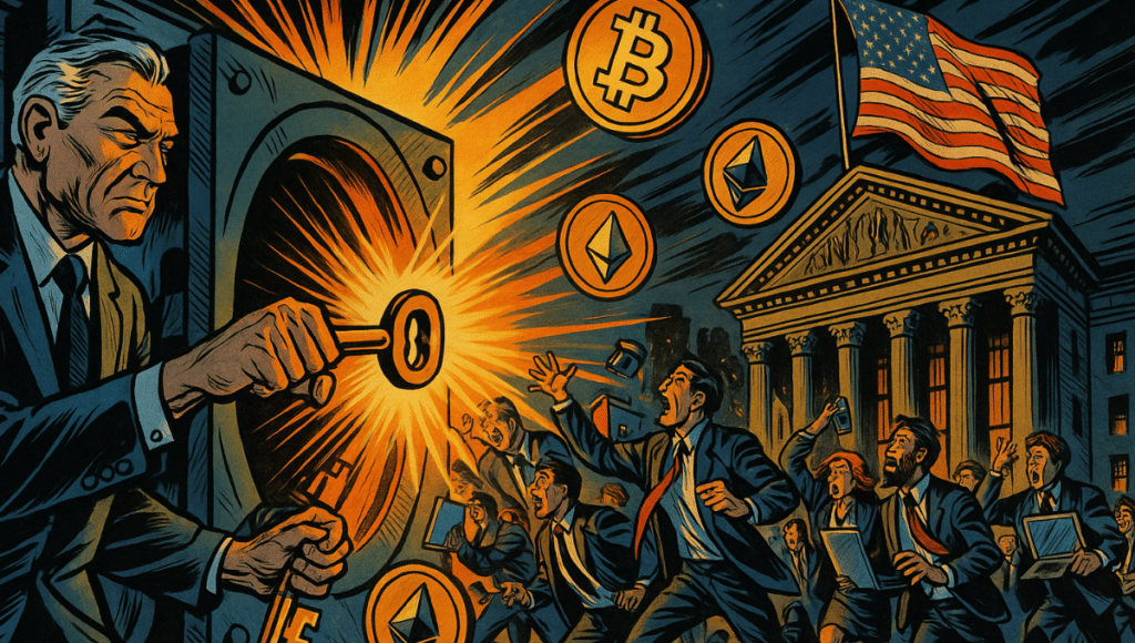 CFTC figure unlocks crypto vault as traders rush toward glowing Bitcoin and Ethereum symbols.