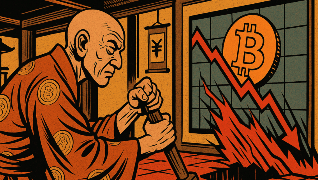 A monk from Japan pulls a wooden lever. A Bitcoin chart behind him collapses violently.