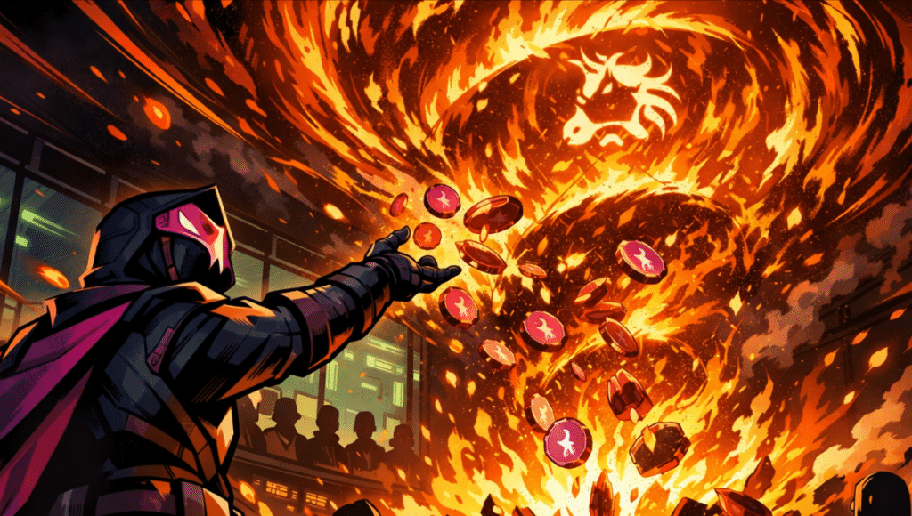 Masked figure throws tokens into flaming vortex as observers watch in high-tech control room.