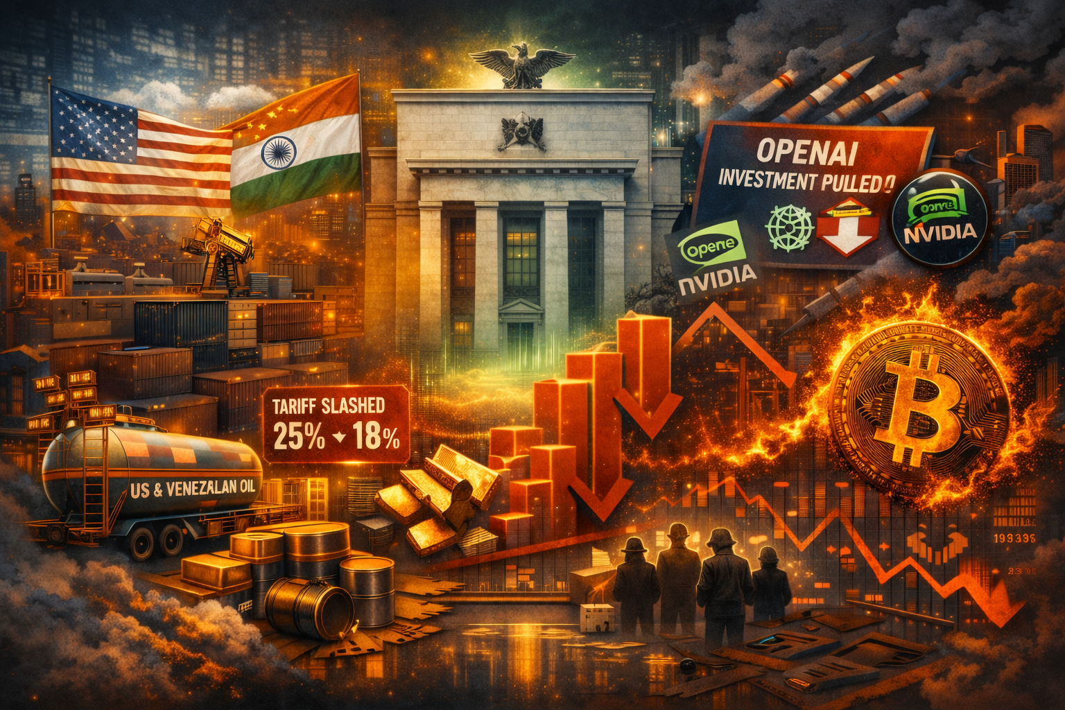 市场快速重新定价:印美贸易震荡,英伟达在OpenAI上退缩,美联储鹰派打压大宗商品,比特币杠杆崩溃。