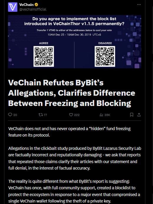 VeChain заперечує проти заяв про заморожування фондів Bybit, посилаючись на неправильне тлумачення