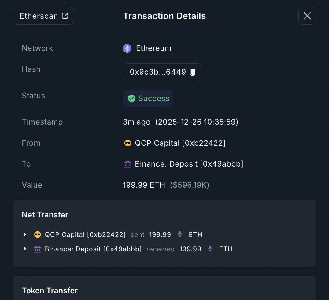 On-chain transaction showing QCP Capital depositing ETH to exchange