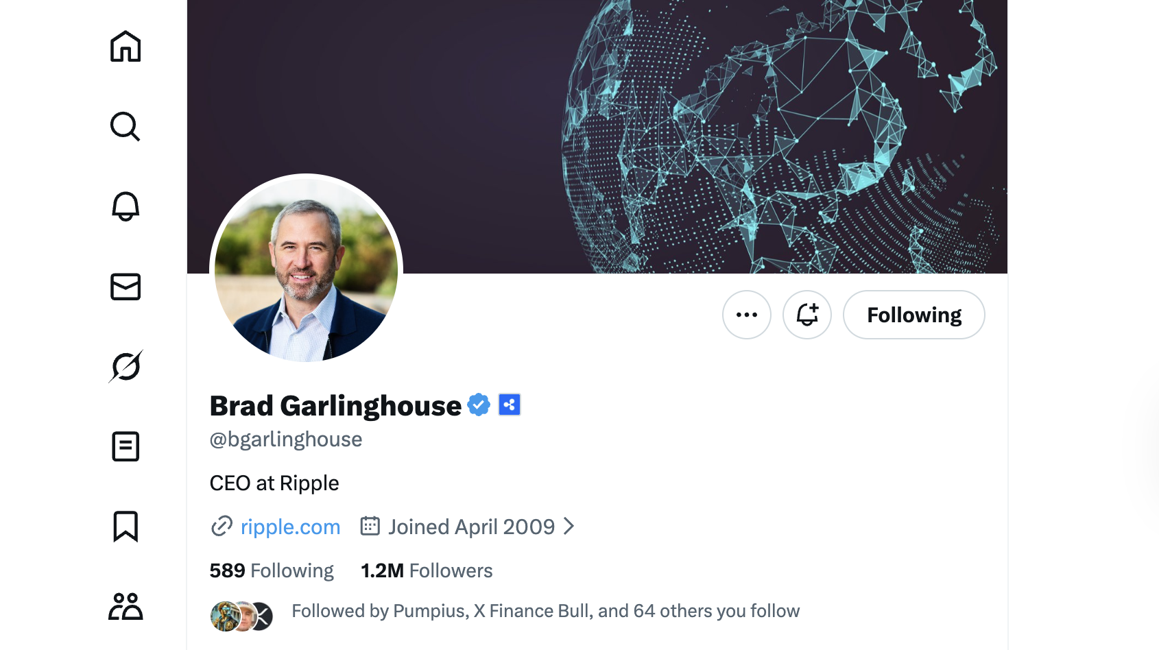 Ripple CEO X profile with 589 following