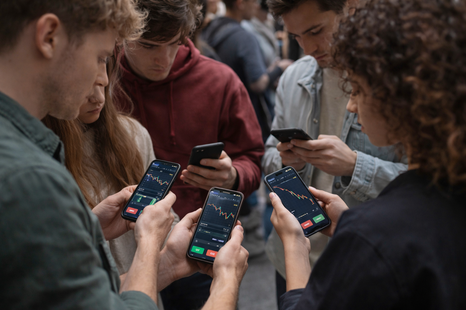A group of young investors look at smartphones displaying falling market charts.