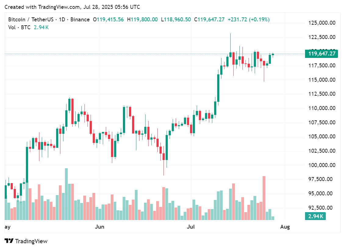 2025年7月28日、過去数ヶ月のBTC価格チャート |出典:crypto.news