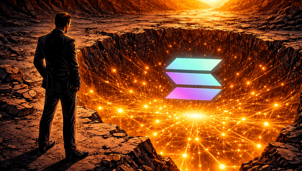 The Solana cryptocurrency stands on cracked ground, appearing to sink slightly. Beneath the surface, glowing on-chain flows support the structure.
