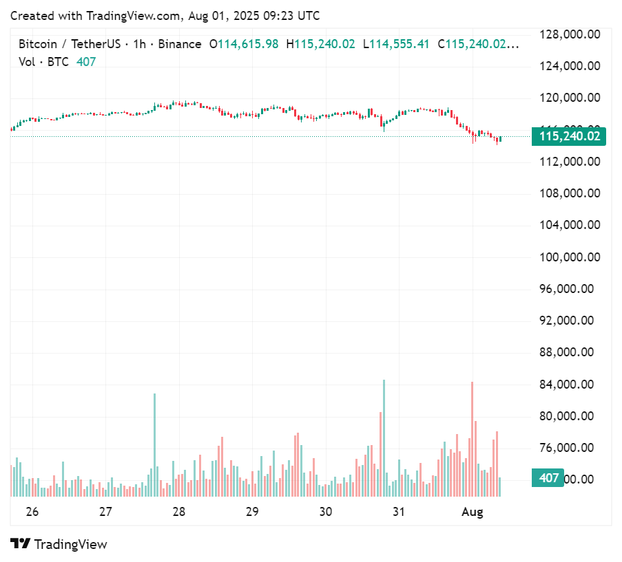 過去数日間のビットコインの価格チャート、2025年8月1日 |出典:crypto.news