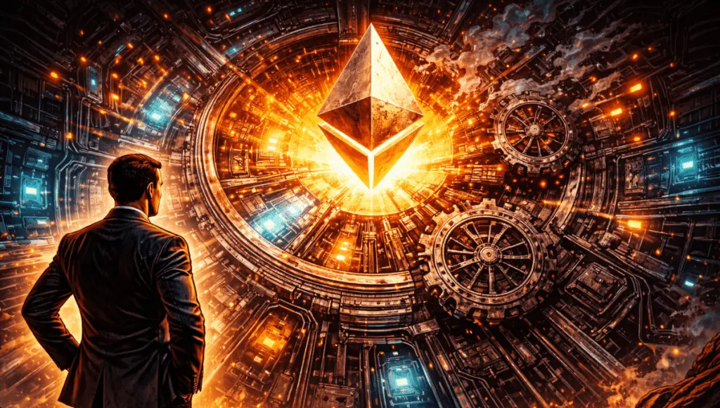 An intricate Ethereum mechanism is being updated. Some parts shine (improvement), while others appear stuck or misaligned — symbolizing JPMorgan analysts' doubts about the effectiveness of the Fusaka upgrade.