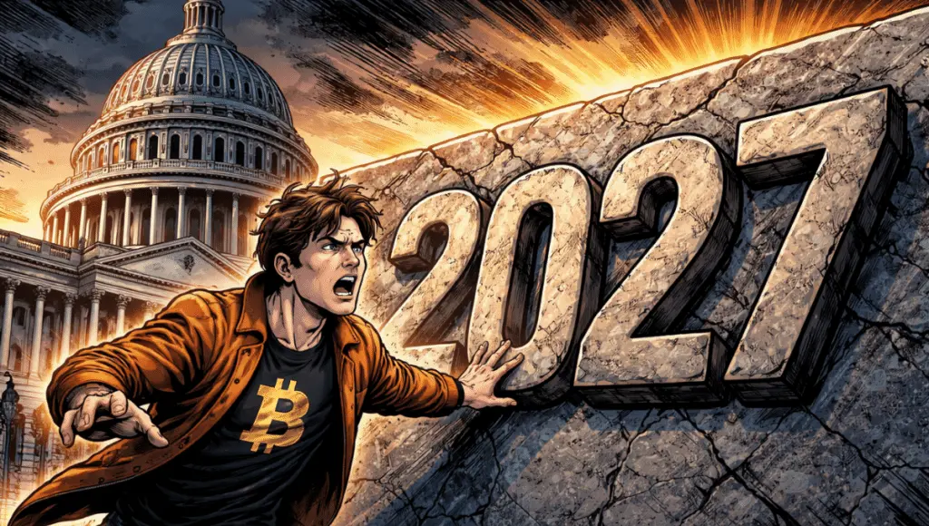 A comic-style man in orange clothing representing crypto strains against a massive stone wall engraved with "2027" in front of the U.S. Capitol under a dramatic sky.