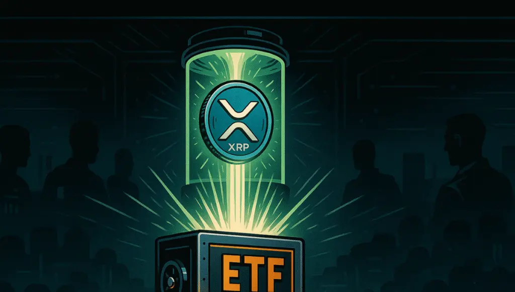 A stylized "ETF" vault stands open, releasing beams of cash flowing toward an XRP token suspended in a glass chamber.