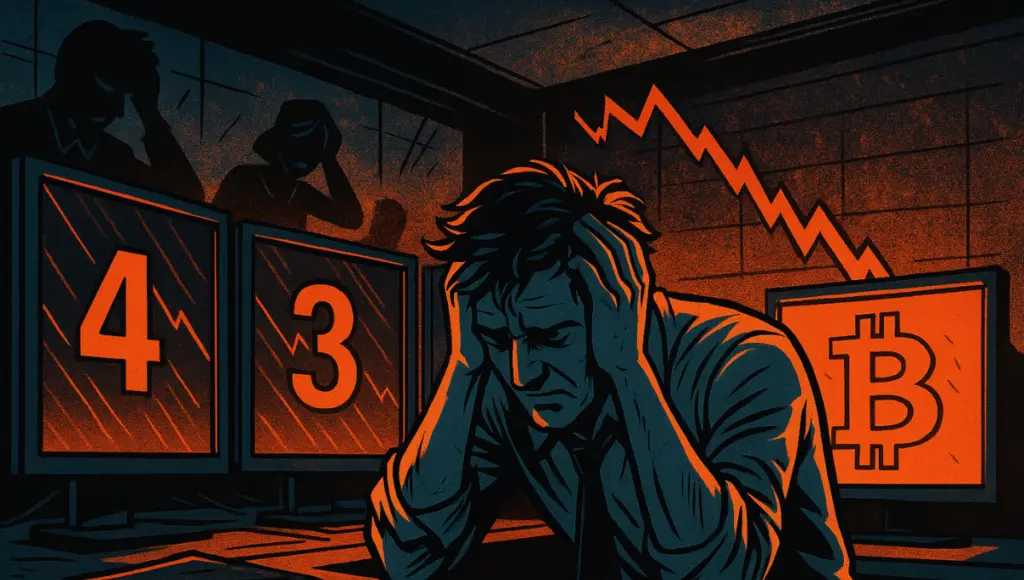 A distraught trader, head in hands, surrounded by red screens displaying figures and a falling Bitcoin.