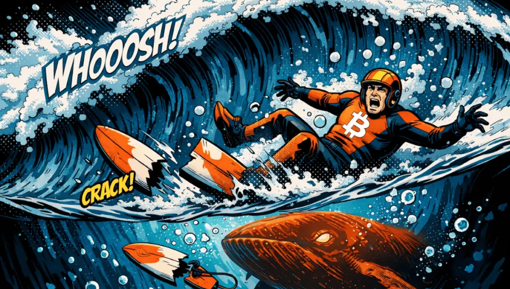 A Bitcoin surfer falls from a giant wave, his board broken. An orange whale watches him from the threatening depths.