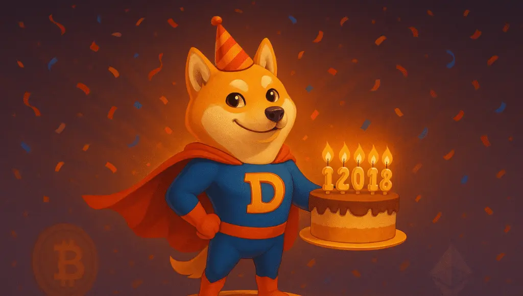 The Shiba Inu from Dogecoin as a superhero celebrates his 12th birthday, standing on a Dogecoin, holding a cake with candles shaped like the number "12".