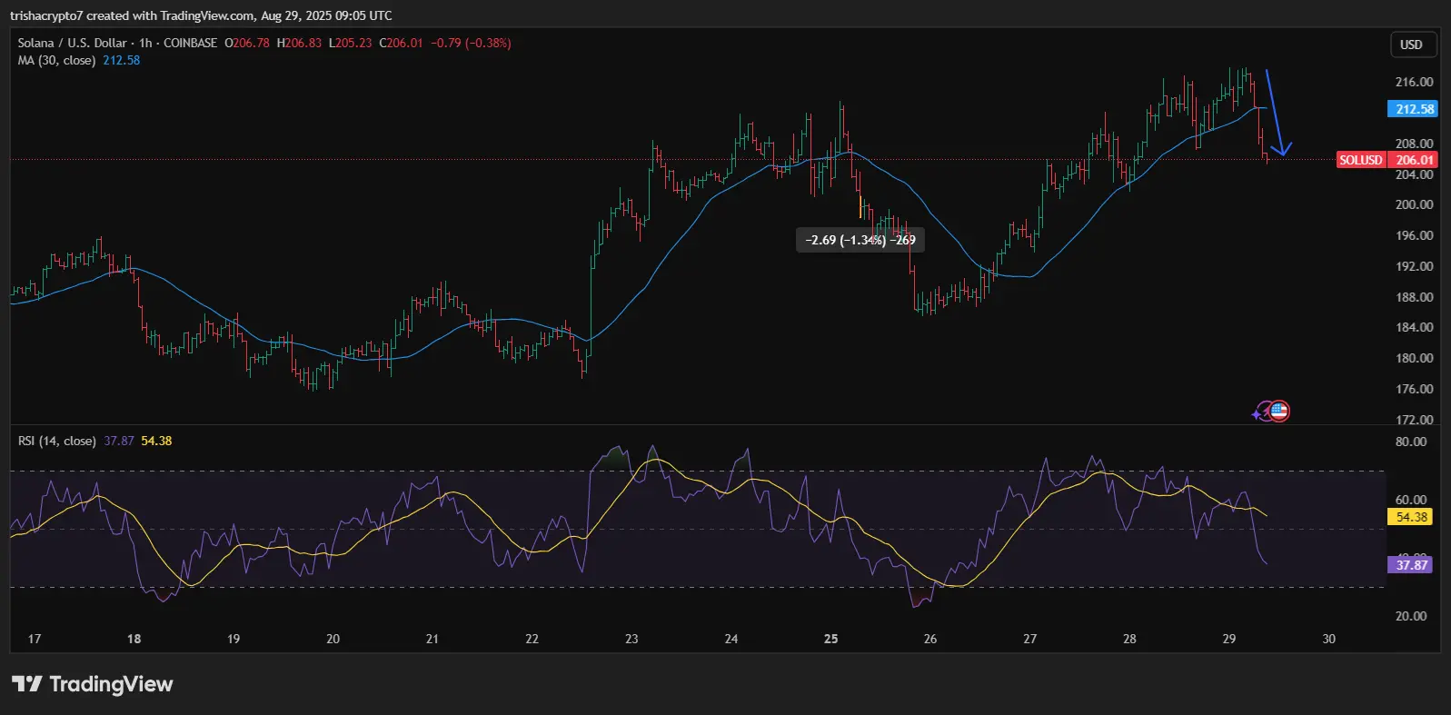 Gráfico de precios de Solana que incluye su MA de 30 días y RSI | Fuente: TradingView