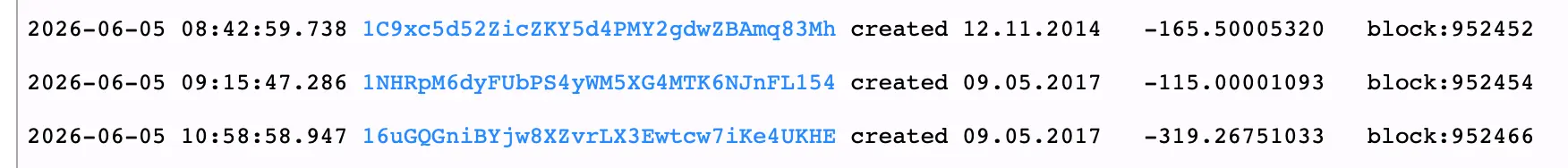 Btcparser.com image of three dormant bitcoin transfers.