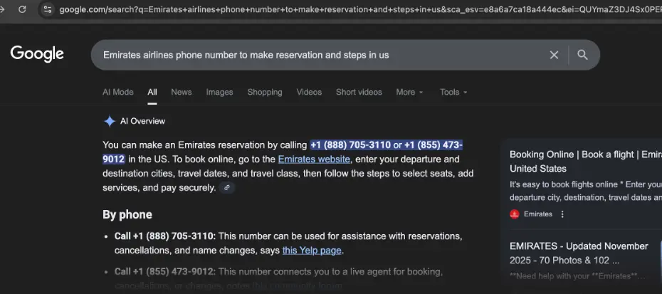 Interfaz de una búsqueda de Google sobre teléfonos de aerolíneas aéreas.