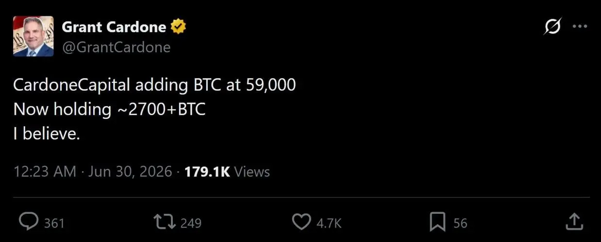 Tweet discussing Cardone's recent Bitcoin accumulation efforts.