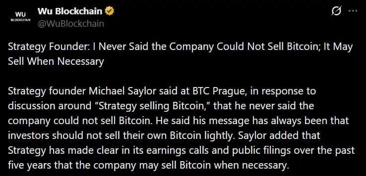 Tweet discussing Strategy's BTC sell plans.