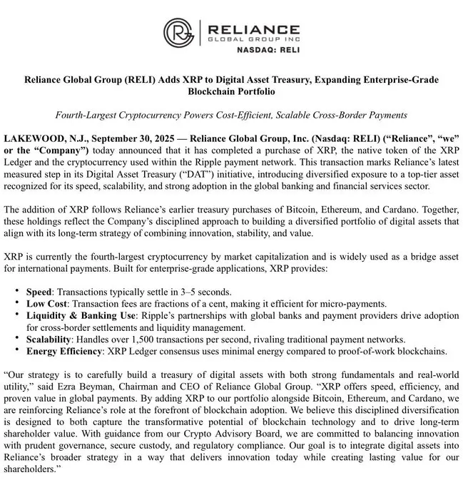 Tập đoàn Reliance Thêm XRP vào Quỹ