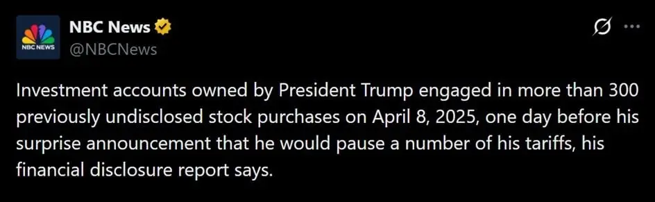 Tweet discussing President Trump's stock purchases prior to his tariff pause last year.