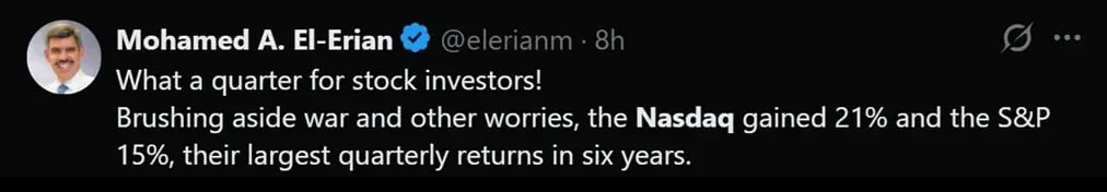 Tweet discussing Nasdaq's amazing Q2 performance.