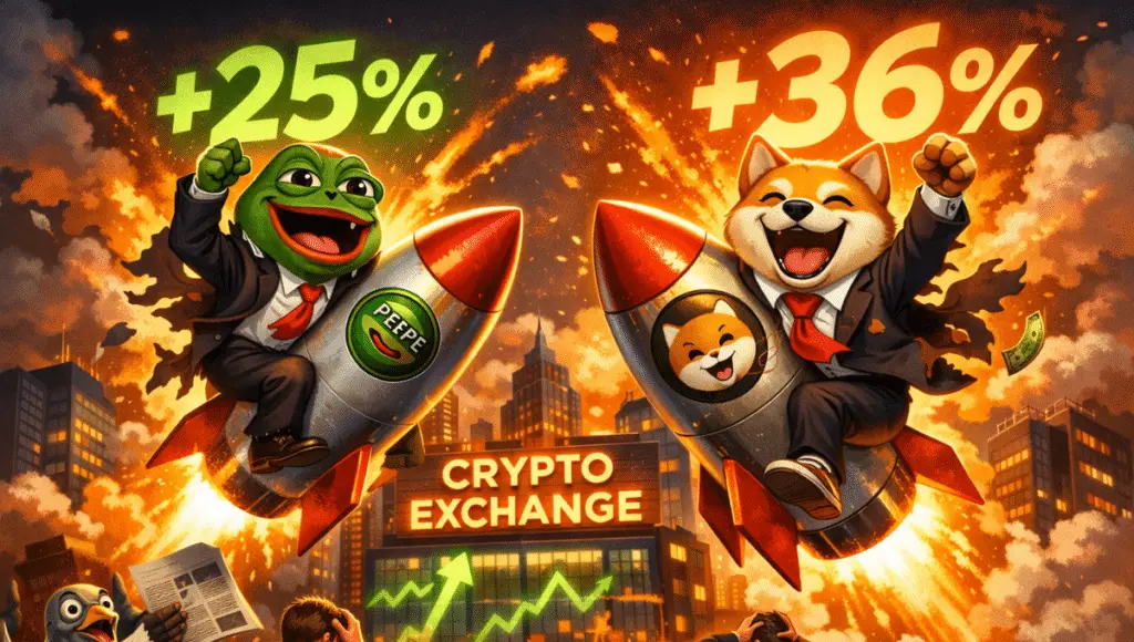 PEPE and BONK in costumes are riding rockets, bursting with joy above a crypto exchange engulfed in flames.