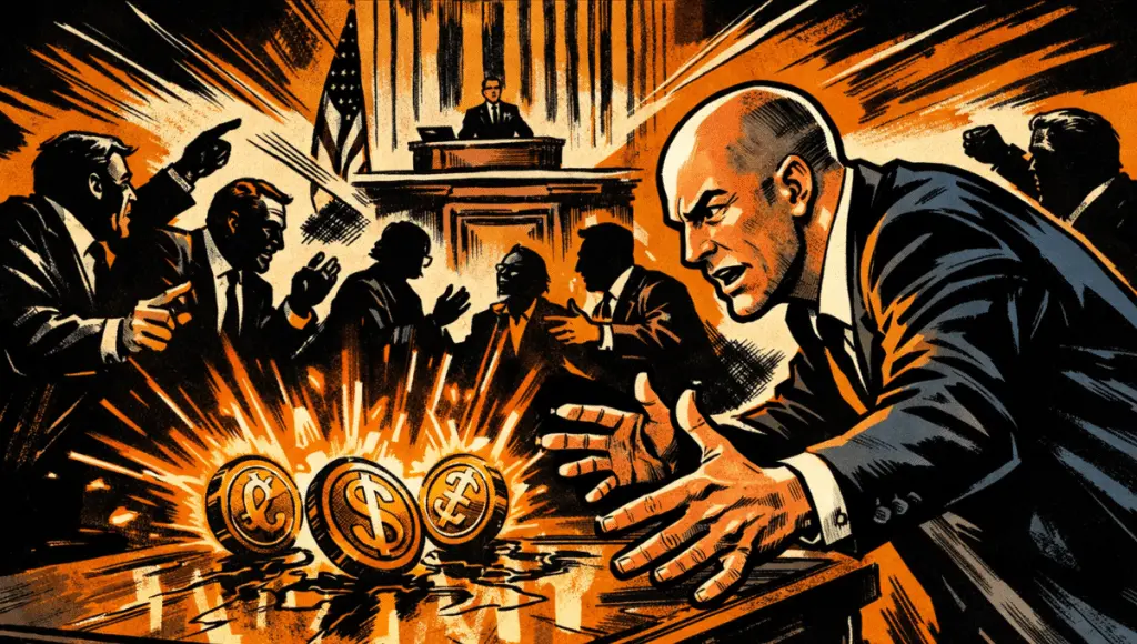 A 1970s-style comic scene shows a tense crypto executive leaning over a table as glowing orange stablecoins vibrate, while shadowy lawmakers argue in a chaotic congressional chamber.