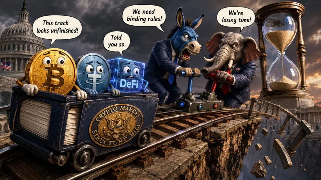 Cartoon showing crypto assets in a stalled minecart near Congress as donkey and elephant figures argue over crypto market structure rules.