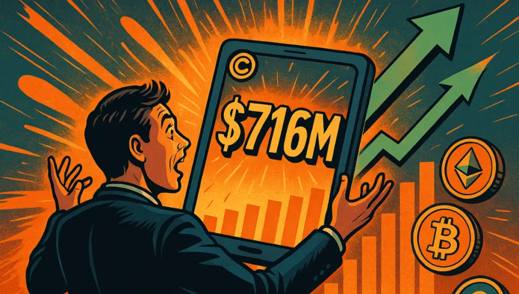 A man in a suit, looking stunned, holds a tablet displaying "6M", with upward green arrows, cryptocurrency icons (Bitcoin, Ethereum) and a bright orange background symbolizing a dramatic rise in investment.