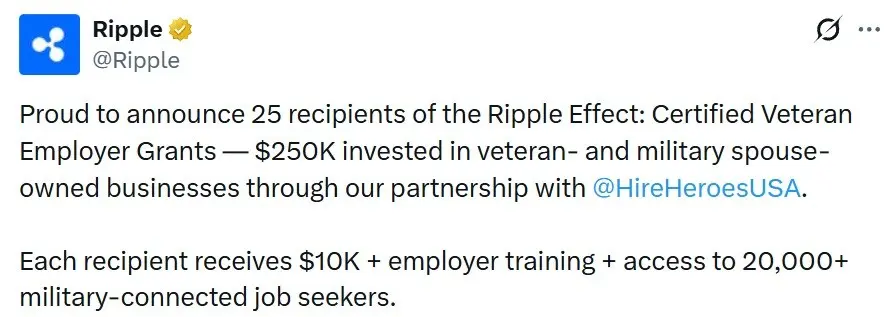 Ripple Commits $250,000 to 25 Veteran-Owned Businesses Through Hire Heroes USA
