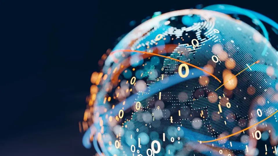 带有零和一的地球，主题是Solana的SOL与Ripple的XRP。