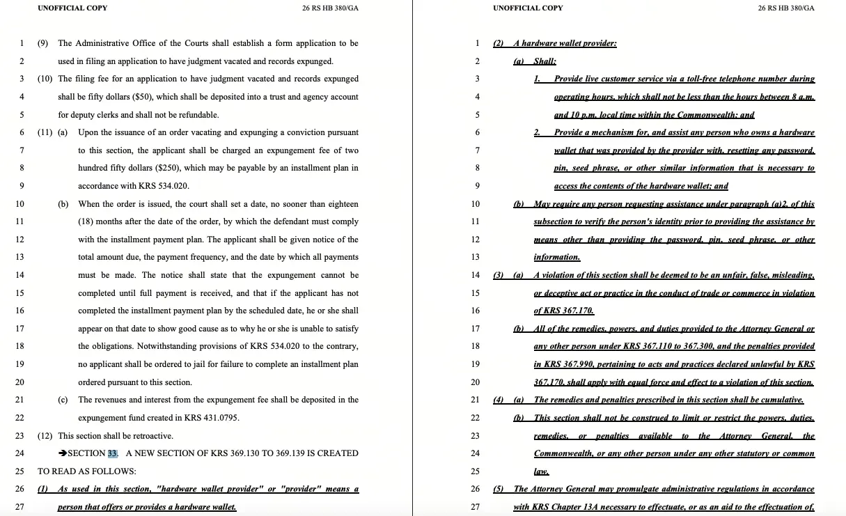 肯塔基州增訂冷錢包後門條款