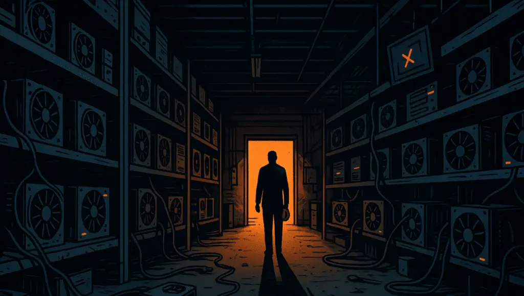 A solitary figure representing a Bitcoin mining specialist stands in the background, holding a safety helmet under one arm. He is motionless, watching the red blinking lights on the machines.