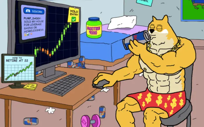 Maxi Doge sitting at a computer desk, drinking an energy drink while watching a crypto trading chart showing steep upward gains.