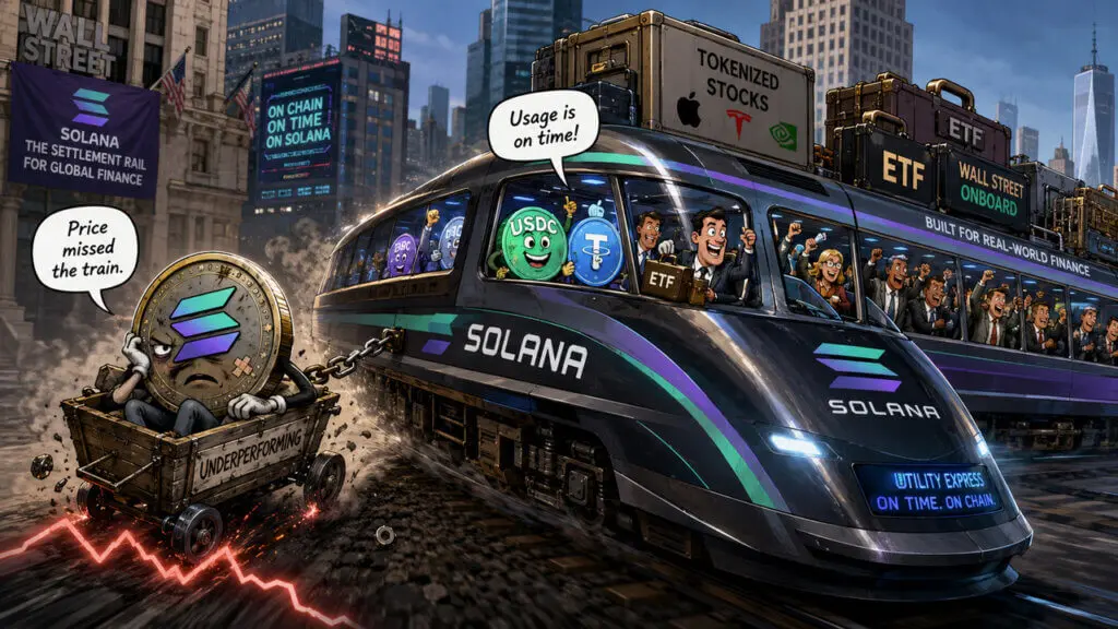 Cartoon of a Solana train on Wall Street alongside ETF and tokenized stock signs.