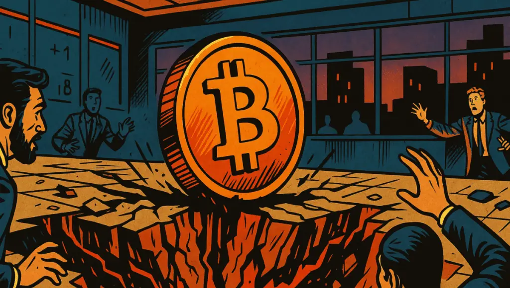 The floor cracks violently beneath a giant Bitcoin in a trading room.