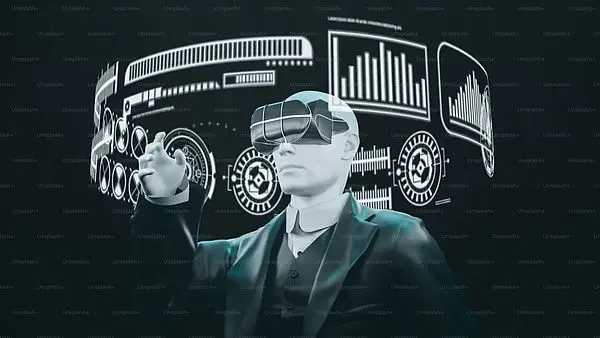 un hombre en traje y gafas con un fondo futurista