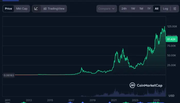 Um gráfico de preços do Bitcoin a longo prazo mostrando o crescimento do Bitcoin de menos de $1  em 2011 para acima de $90.000 em 2025, com múltiplos ciclos de alta e correções.