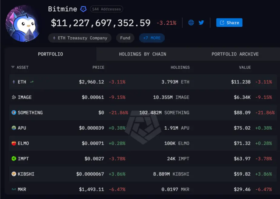 Bitmine Ethereum Holdings | Nguồn: Arkham