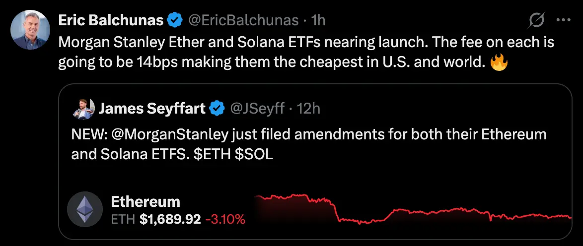 Morgan Stanley Sets 0.14% Fee on Amended Ethereum and Solana ETFs Filing