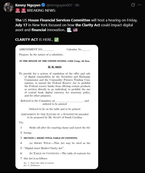 Tweet discussing CLARITY act's upcoming July 17 hearing.