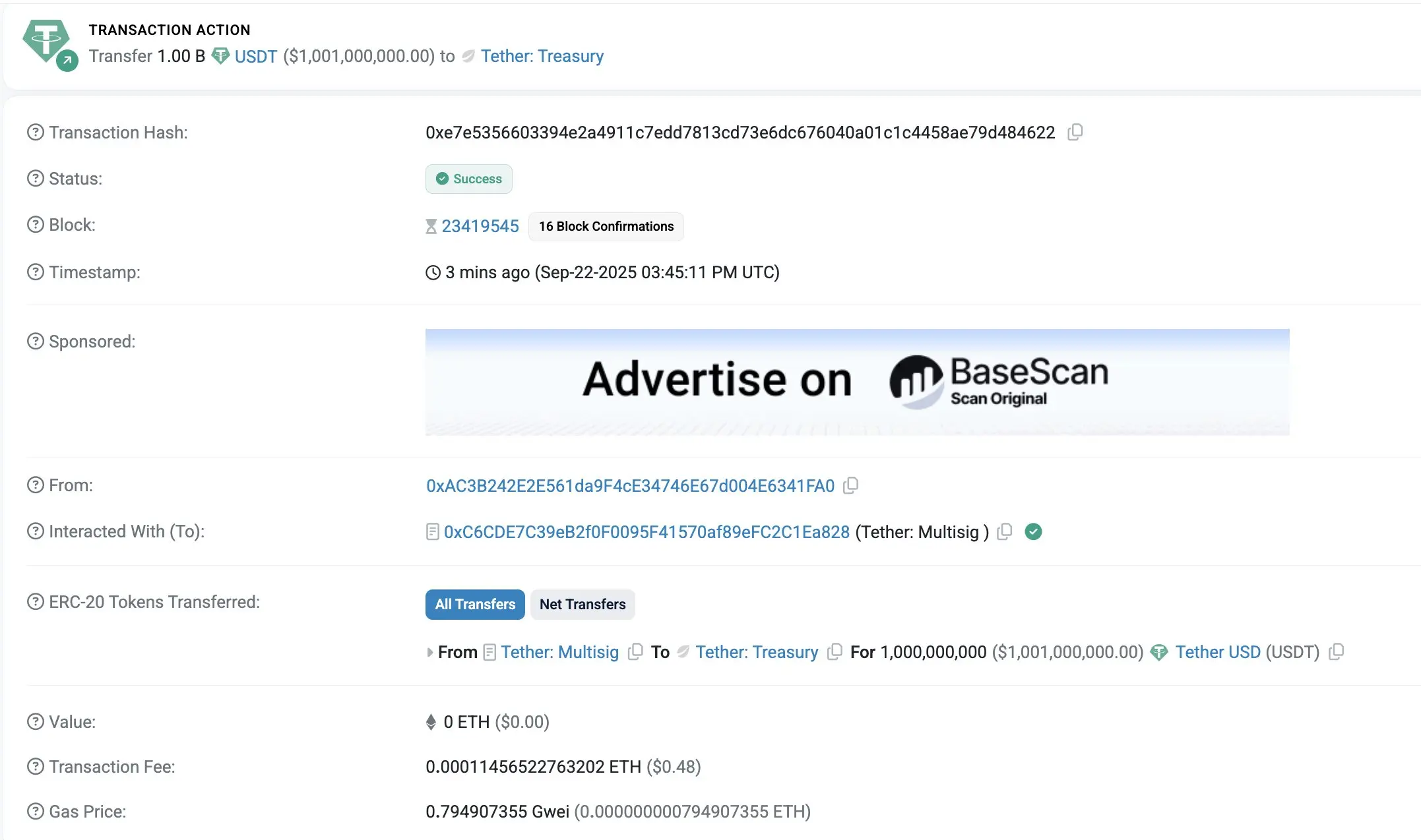Tether $1B Mint | Source: Lookonchain