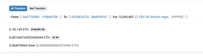 ​​$HYPER китовые покупки токенов пресейла на сумму $161.3K.